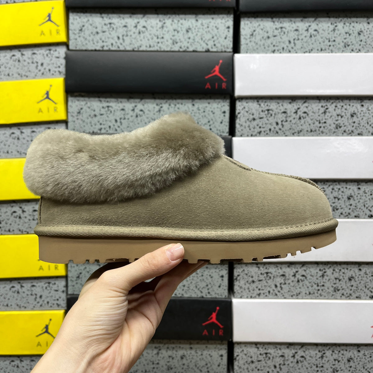 UGG Tazzette Slipper – Sage Suede with Tonal Fluffy Sheepskin Cuff