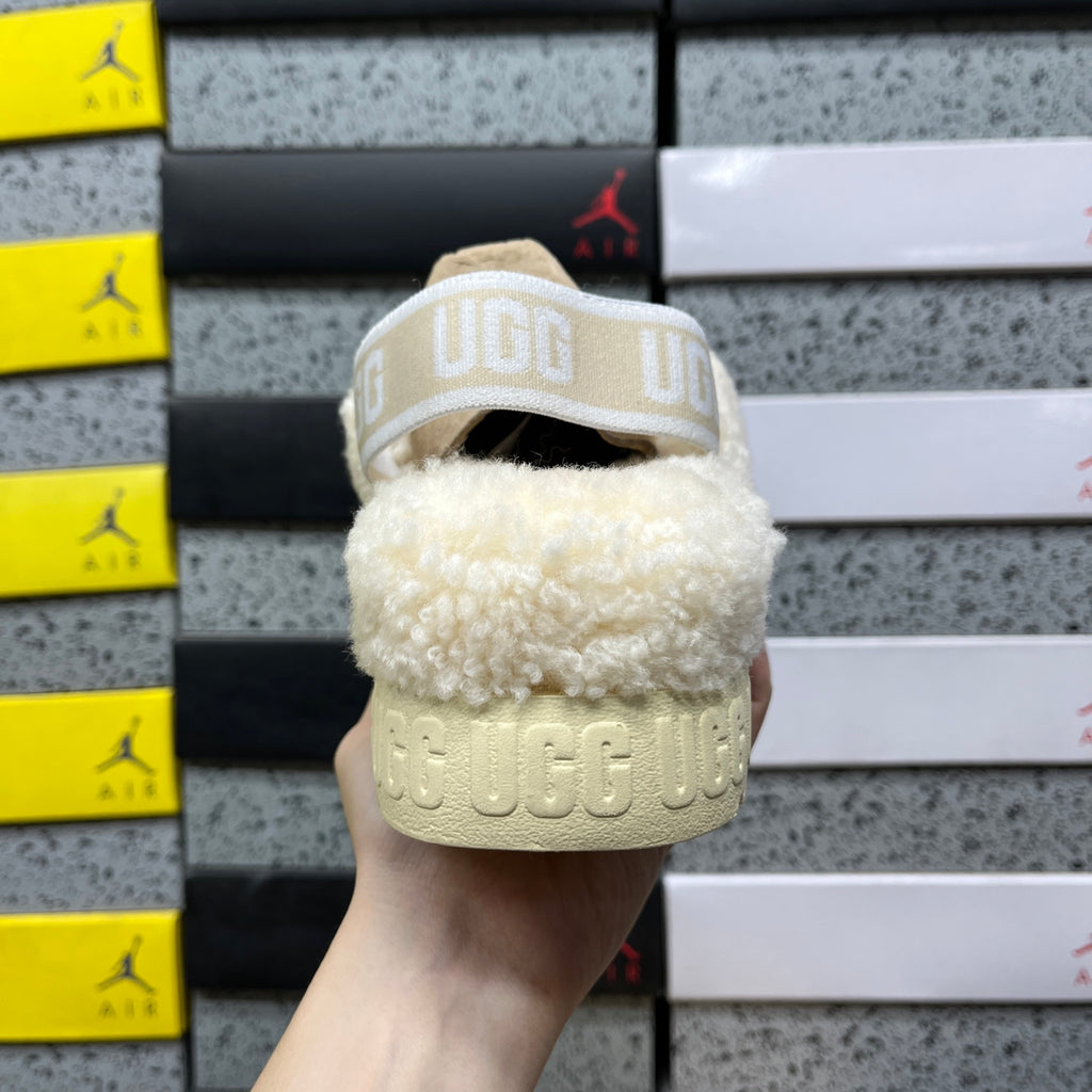 UGG Fluffita Cross Strap – Natural Cream Teddy Shearling Platform Sandal with Logo Ankle Strap