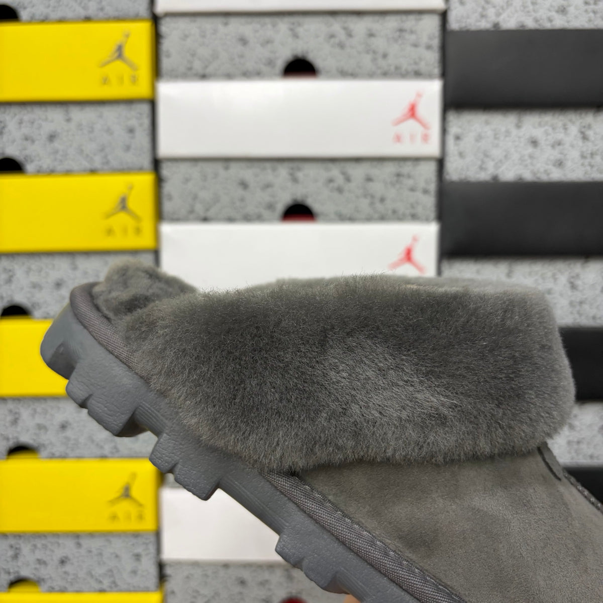 UGG Tazz Slipper – Charcoal Suede Platform Mule with Tonal Grey Sheepskin Cuff & All-Charcoal Lug Sole