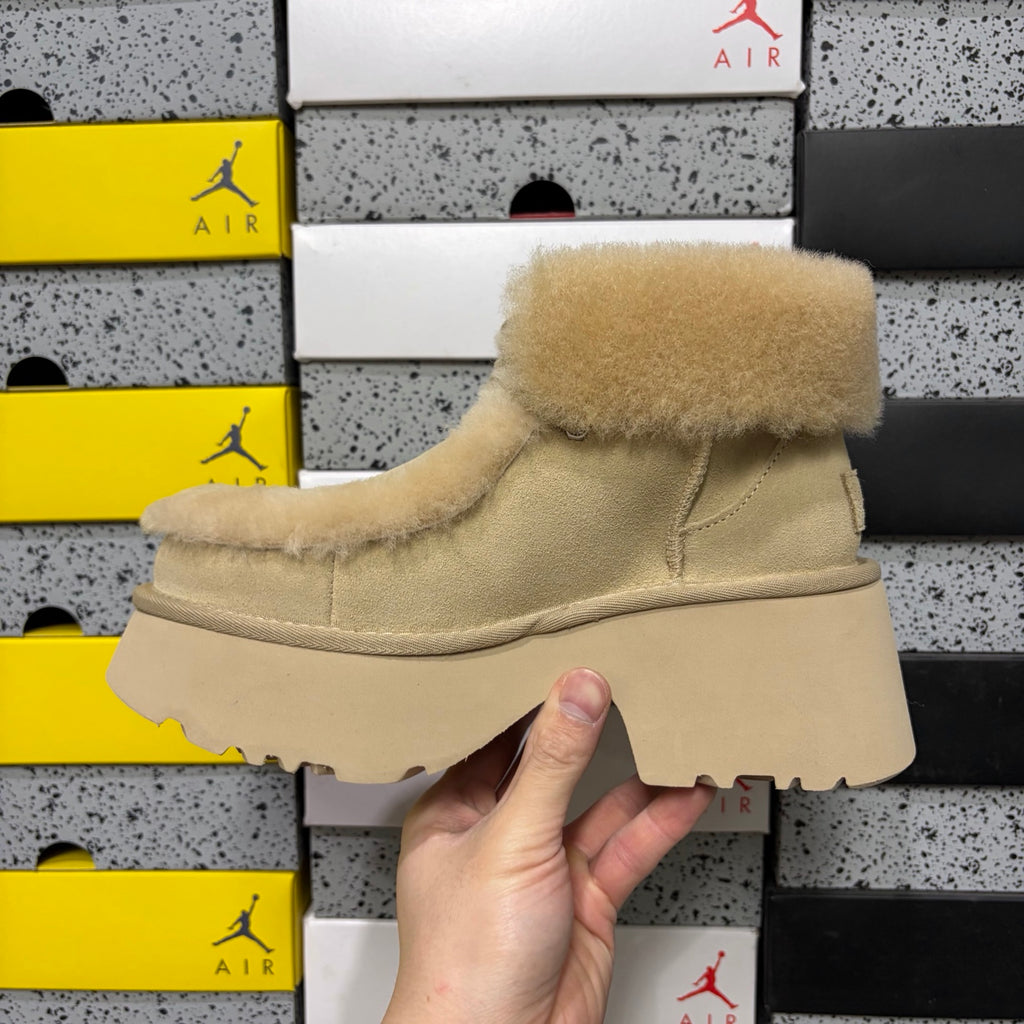 UGG Millen Lace Boot – Sand Suede Ankle Boot with Tonal Shearling Cuff & Chunky Platform Sole