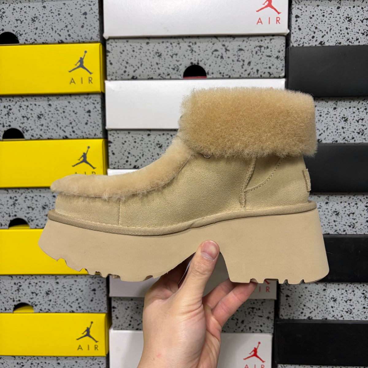 UGG Millen Lace Boot – Sand Suede Ankle Boot with Tonal Shearling Cuff & Chunky Platform Sole