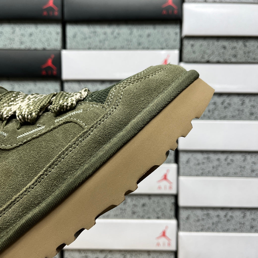 UGG Lowmel Sneaker – Moss Green Suede & Mesh with Pompom Laces & Gum SugarSole