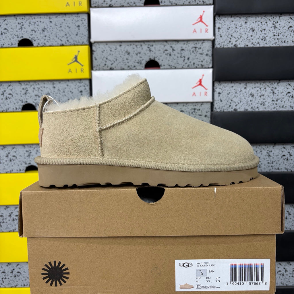 UGG Ultra Mini Boot – Sand Suede Low Ankle Boot with Cream Sheepskin Lining & Tonal Gum Sole