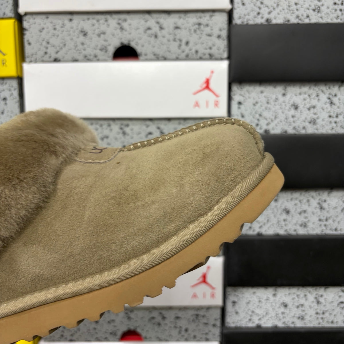 UGG Tazz Slipper – Sand Suede Platform Mule with Tonal Cream Sheepskin Cuff, Moccasin Seam & UGG Heel Tab