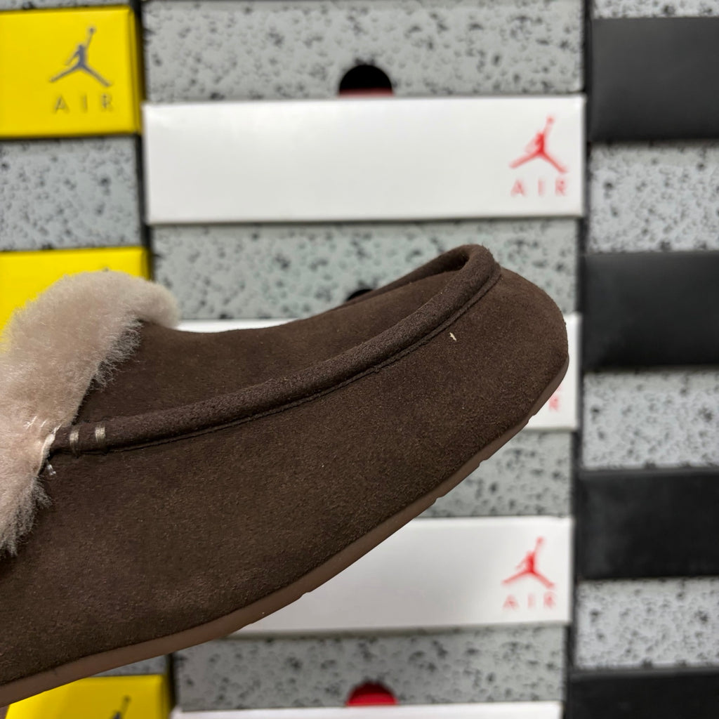 UGG Shearling Mule – Espresso Suede Open-Back Clog with Taupe Shearling Cuff & Silver Hardware