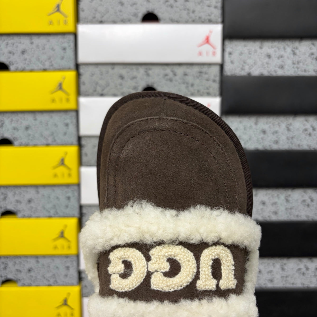 UGG Cozee Squish Slide – Espresso Suede Open-Toe Sandal with Cream Shearling Knot Strap & Dark Lug Sole