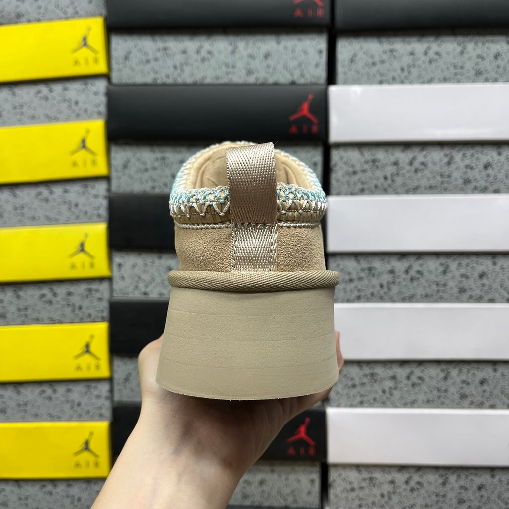 UGG Platform Snow Boots – Sand Suede & Teal Woven Collar