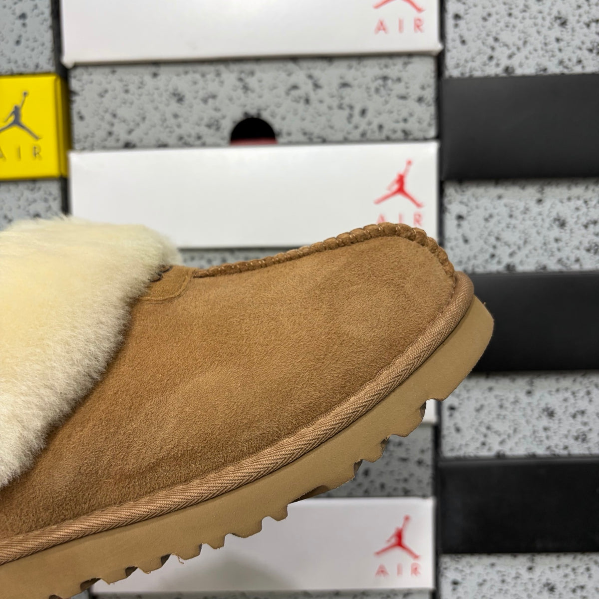 UGG Tazz Slipper – Chestnut Suede Platform Mule with Oversized Cream Sheepskin Fold-Over Cuff