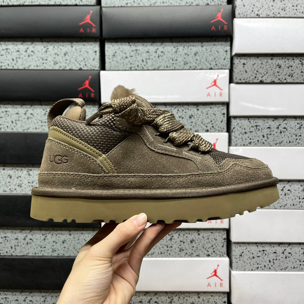 UGG Lowmel Sneaker – Hickory Tonal Suede & Mesh with Sheepskin Collar & Gum SugarSole