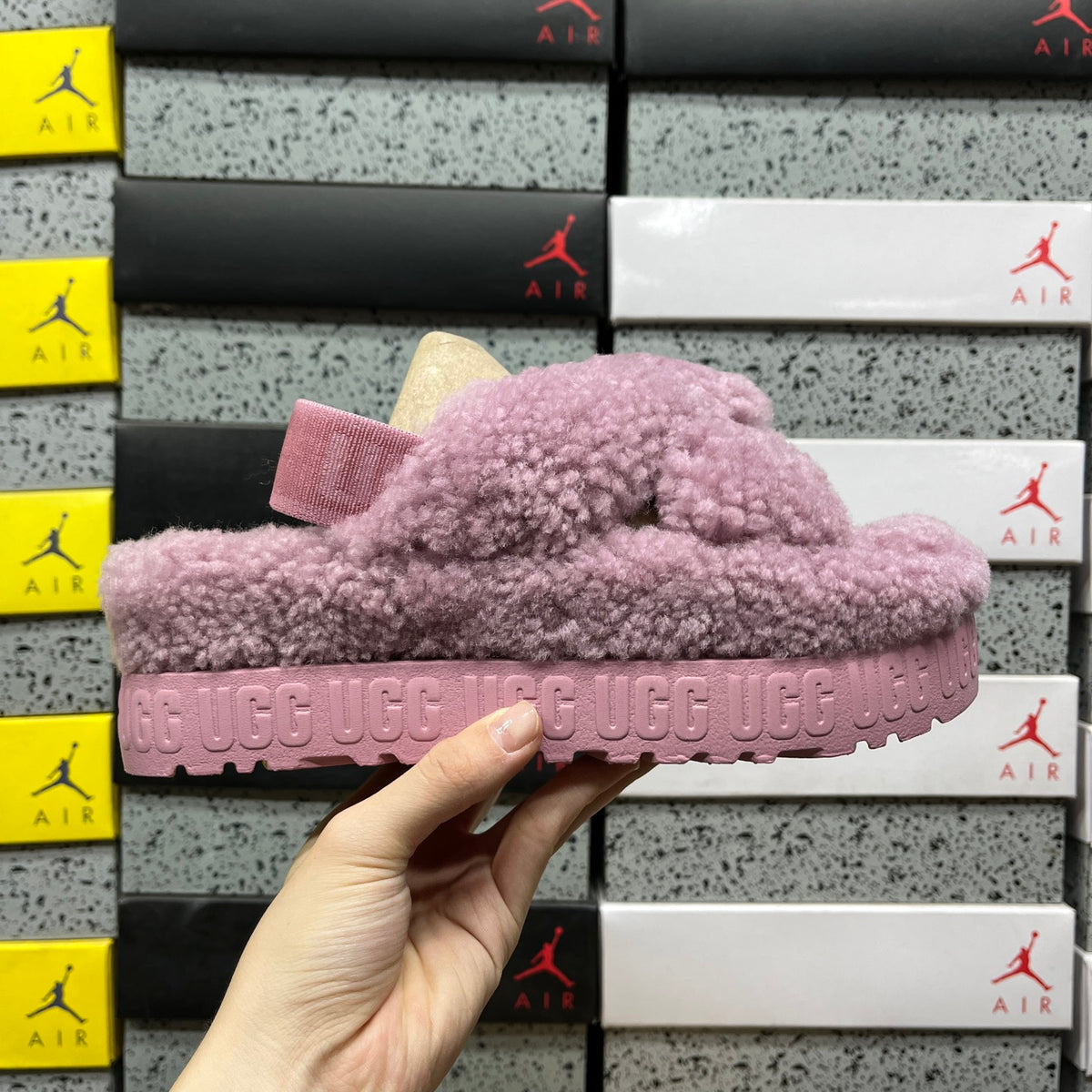 UGG Fluff Sugar Slide – Pink Teddy Shearling Crossband Sandal with Branded Platform Sole