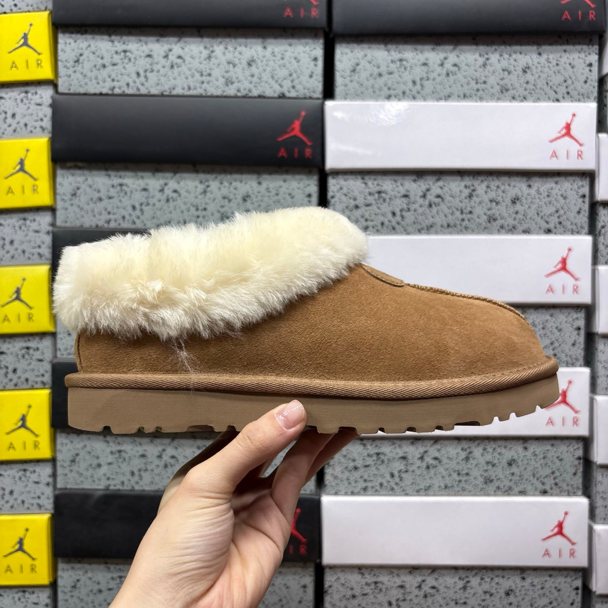UGG Tazzette Slipper – Chestnut Suede with Fluffy Cream Sheepskin Cuff