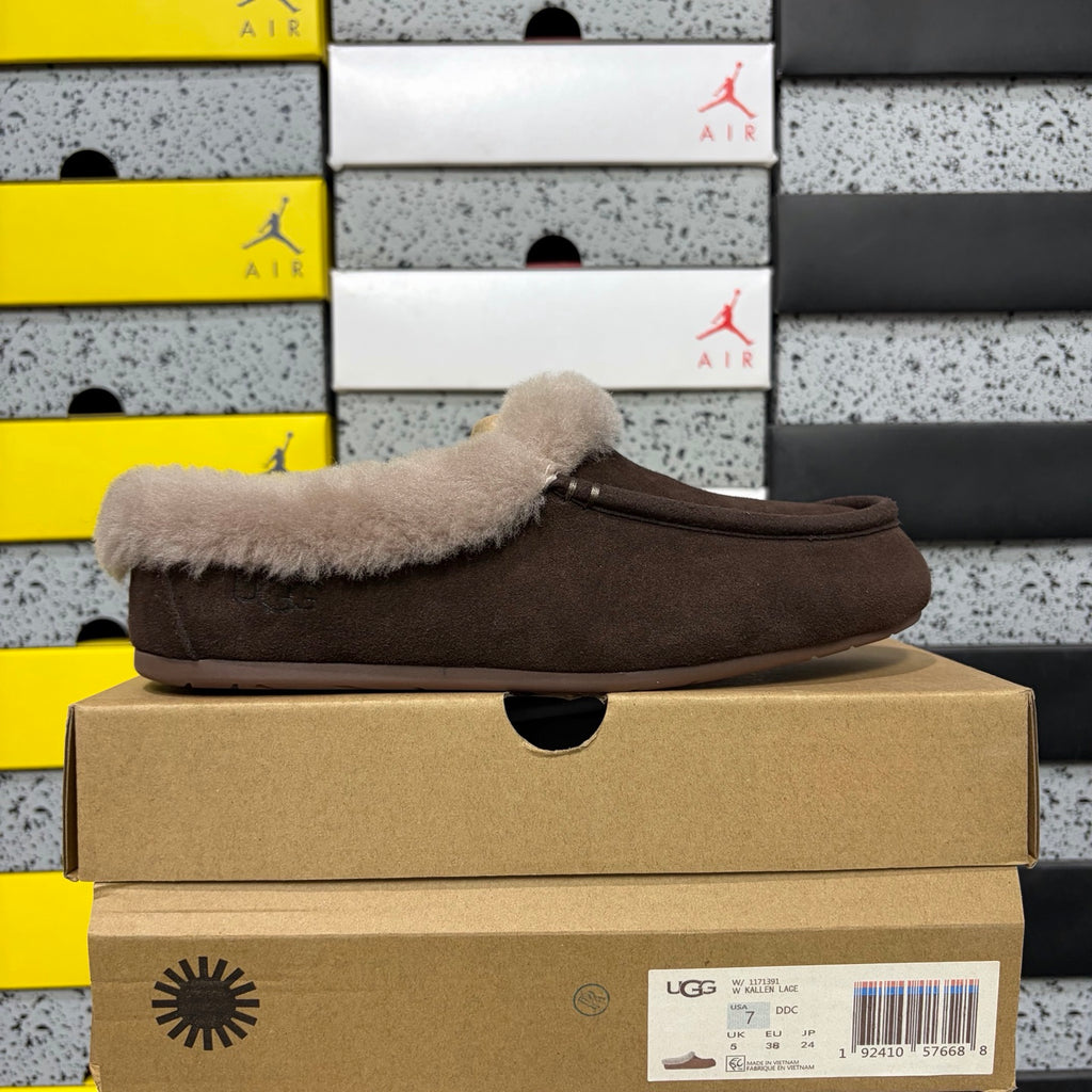 UGG Shearling Mule – Espresso Suede Open-Back Clog with Taupe Shearling Cuff & Silver Hardware