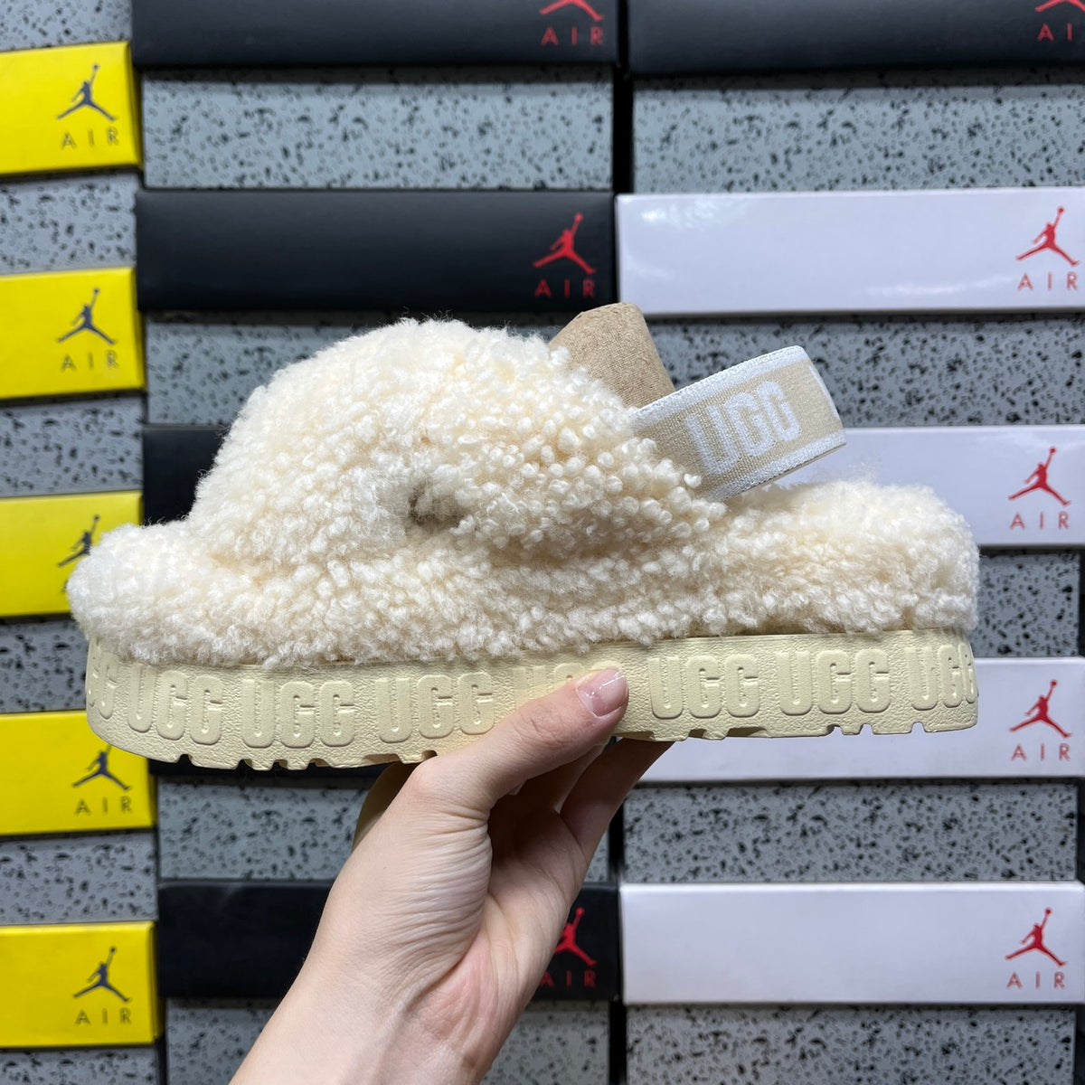 UGG Fluffita Cross Strap – Natural Cream Teddy Shearling Platform Sandal with Logo Ankle Strap