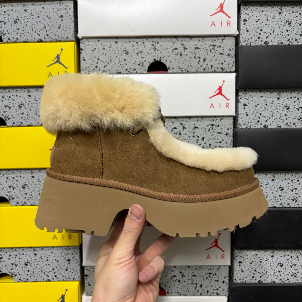 UGG Millen Lace Boot – Chestnut Suede Ankle Boot with Oversized Shearling Cuff & Chunky Platform Sole