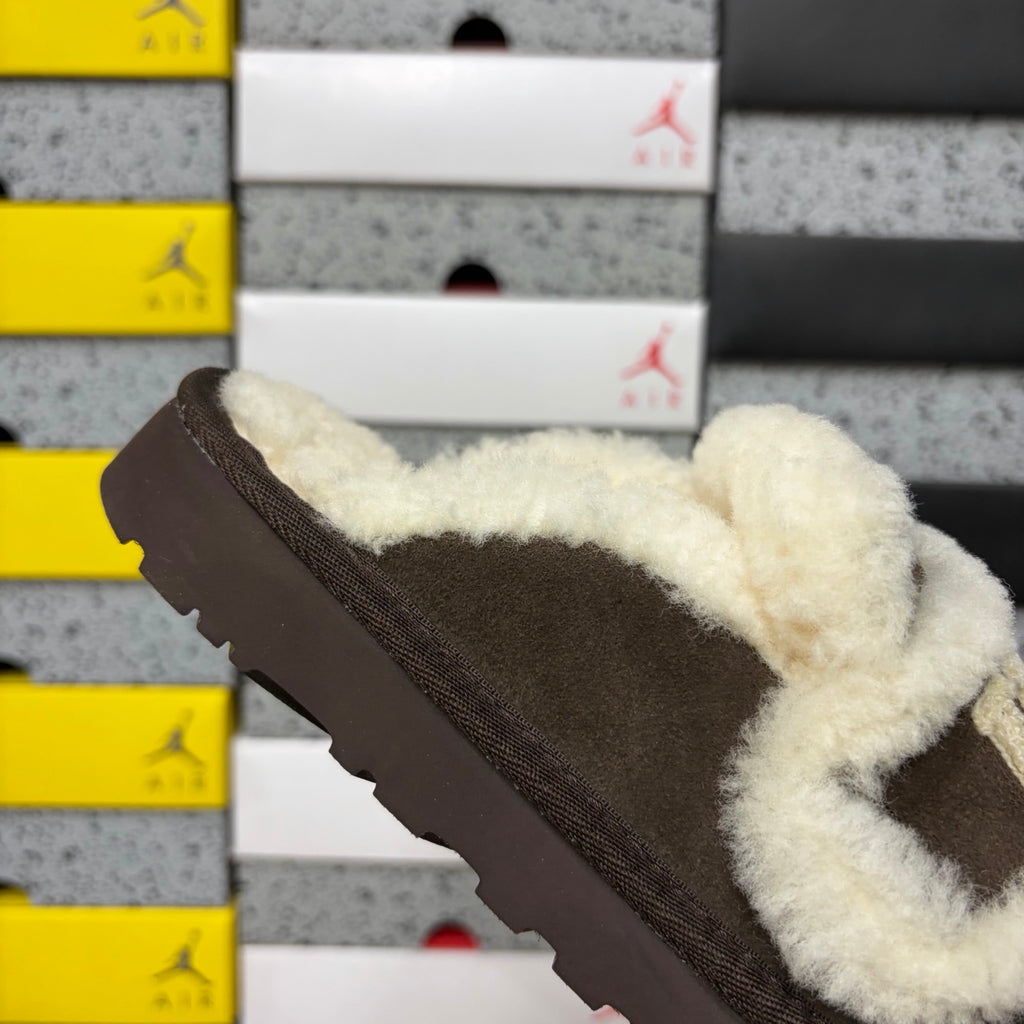UGG Cozee Squish Slide – Espresso Suede Open-Toe Sandal with Cream Shearling Knot Strap & Dark Lug Sole