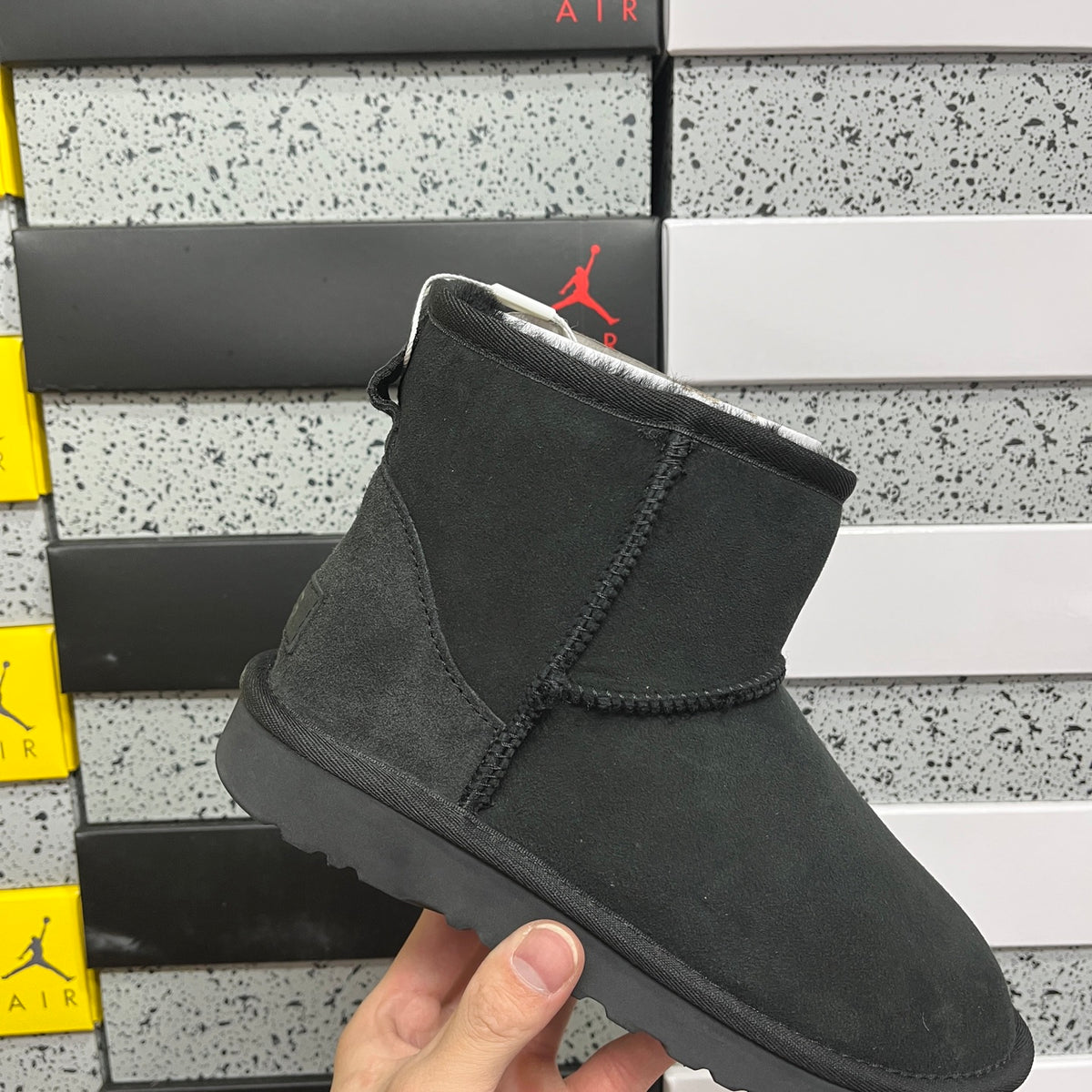 UGG Kallen Lace – Black Suede Platform Bootie with Cream Sheepskin Cuff