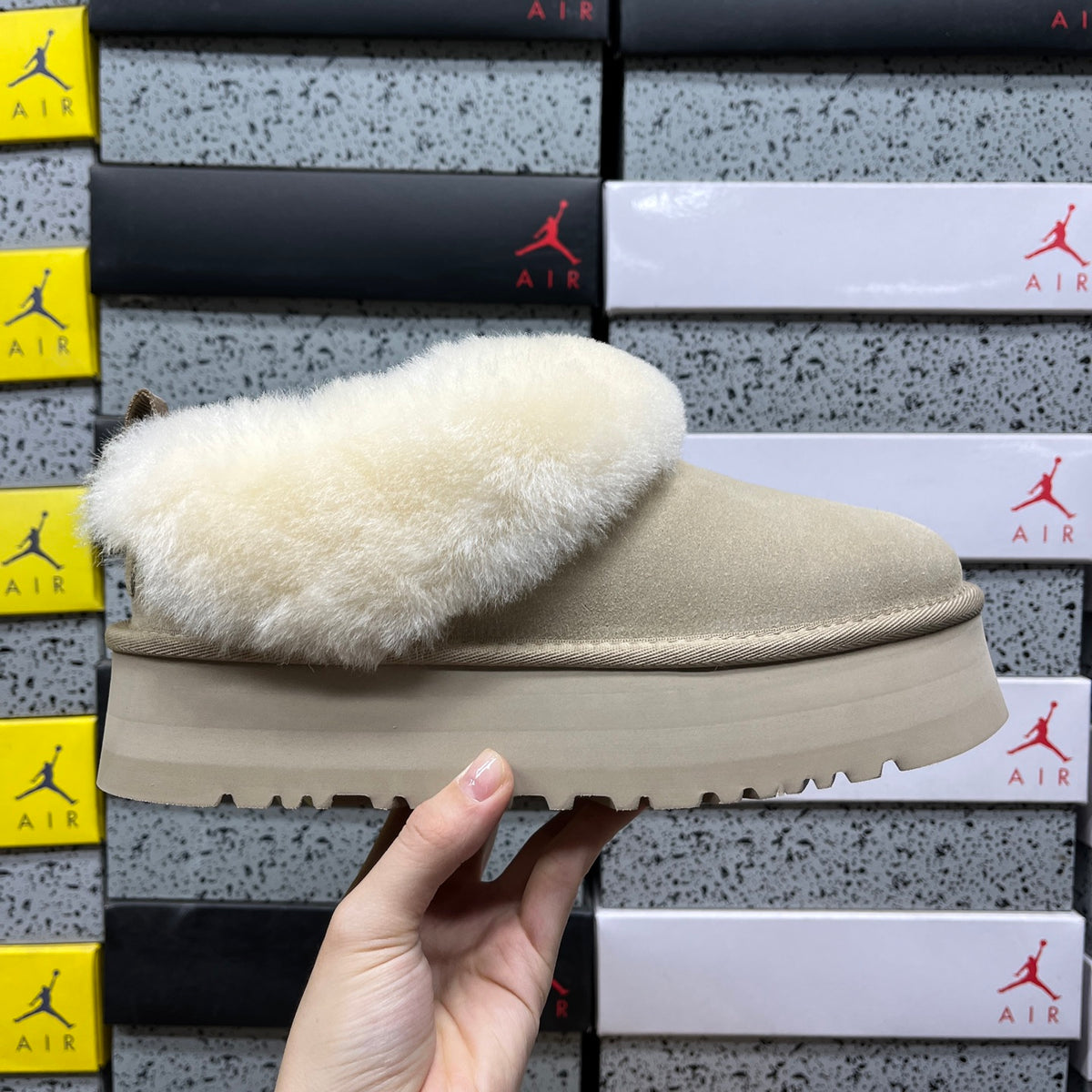 UGG Yazzelle – Sand Suede Platform Slipper with Cream Sheepskin Cuff & Tonal Lug Sole