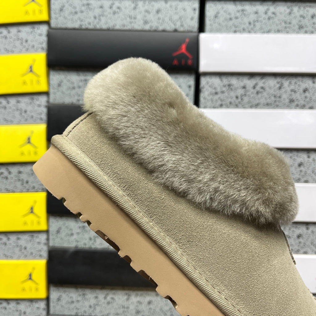 UGG Tazzette Slipper – Sage Suede with Tonal Fluffy Sheepskin Cuff