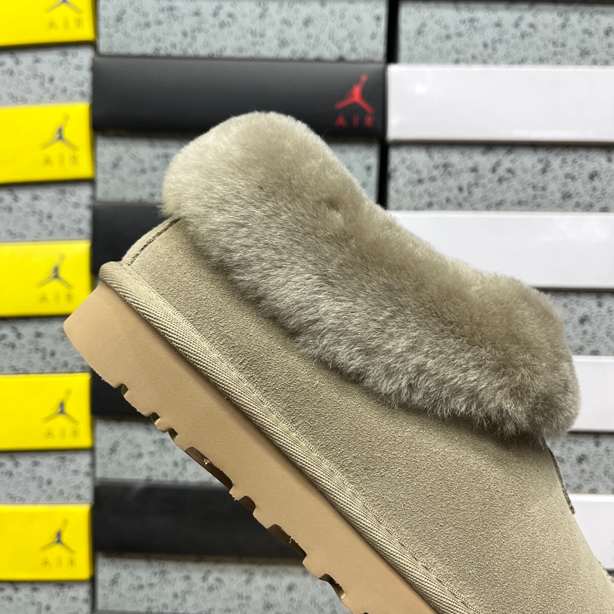UGG Tazzette Slipper – Sage Suede with Tonal Fluffy Sheepskin Cuff