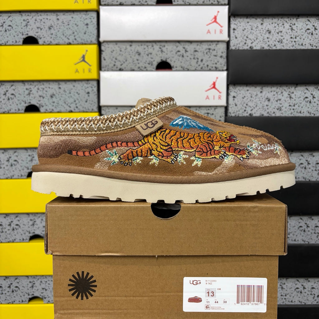 UGG Tazz Slipper – Chestnut Suede with Tiger & Mount Fuji Embroidery, Braid Trim & Platform Lug Sole