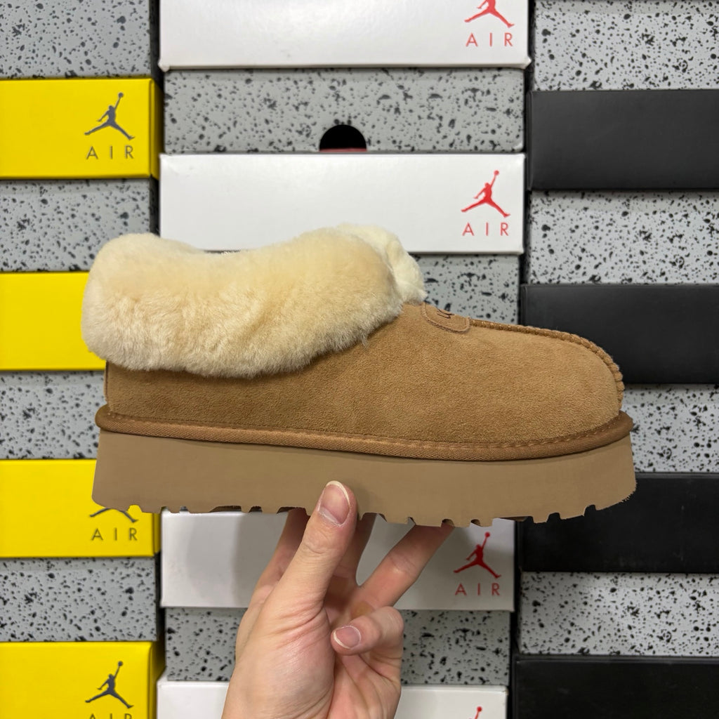 UGG Tazz Slipper – Chestnut Suede Tall Platform Mule with Voluminous Cream Sheepskin Roll Cuff