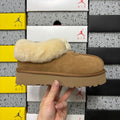UGG Tazz Slipper – Chestnut Suede Tall Platform Mule with Voluminous Cream Sheepskin Roll Cuff