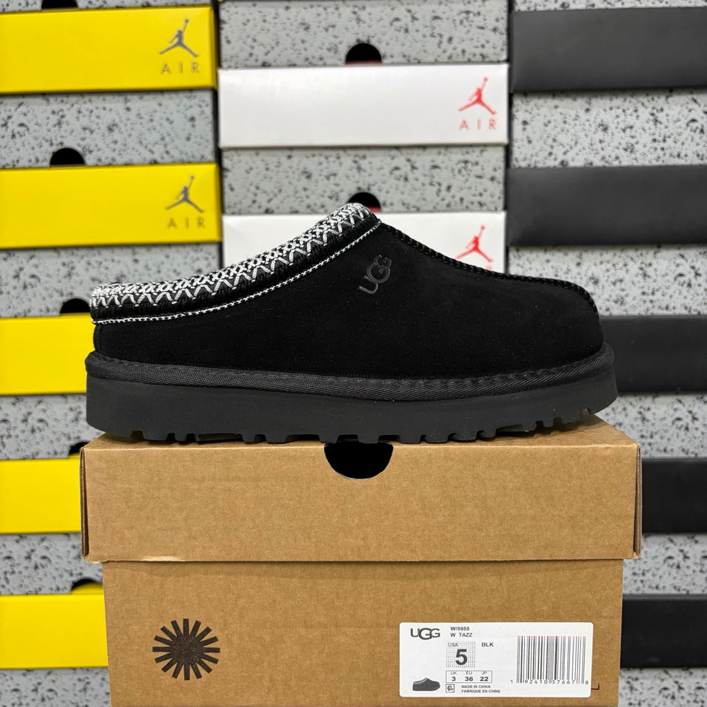 UGG Tazz Slipper – Black Suede Open-Back Platform Mule with Black & White Herringbone Braid Trim