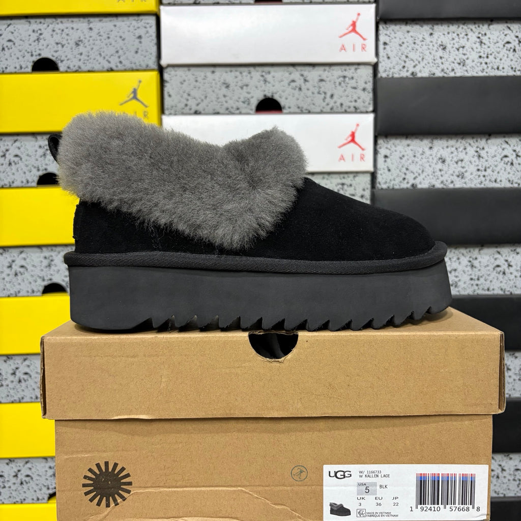 UGG Kallen Lace – Black Suede Platform Bootie with Fluffy Grey Sheepskin Cuff, Back Lace Detail & Sawtooth Lug Sole