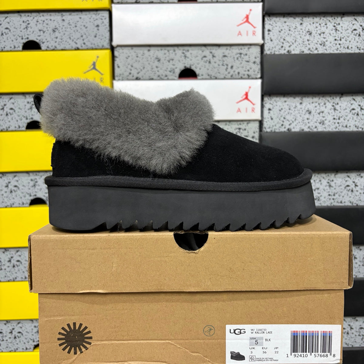 UGG Kallen Lace – Black Suede Platform Bootie with Fluffy Grey Sheepskin Cuff, Back Lace Detail & Sawtooth Lug Sole