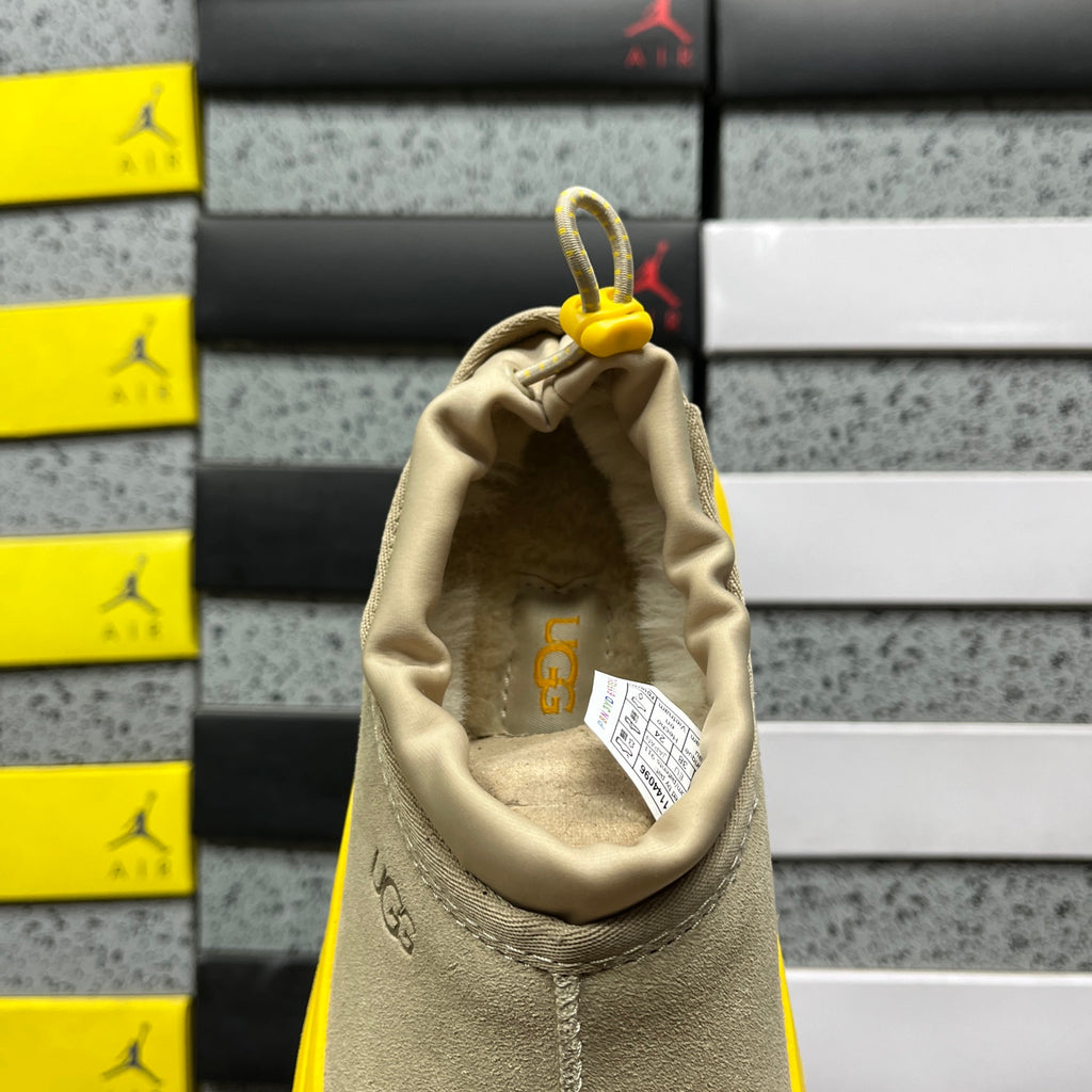 UGG Tasman Weather Hybrid – Sand Suede Slip-On with Yellow SugarSole & Sheepskin Lining