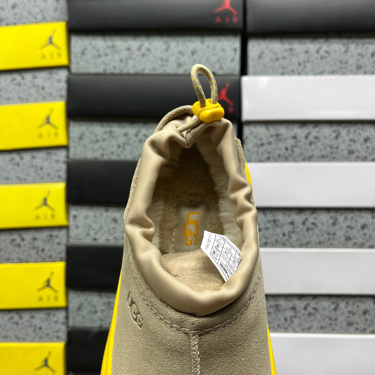 UGG Tasman Weather Hybrid – Sand Suede Slip-On with Yellow SugarSole & Sheepskin Lining