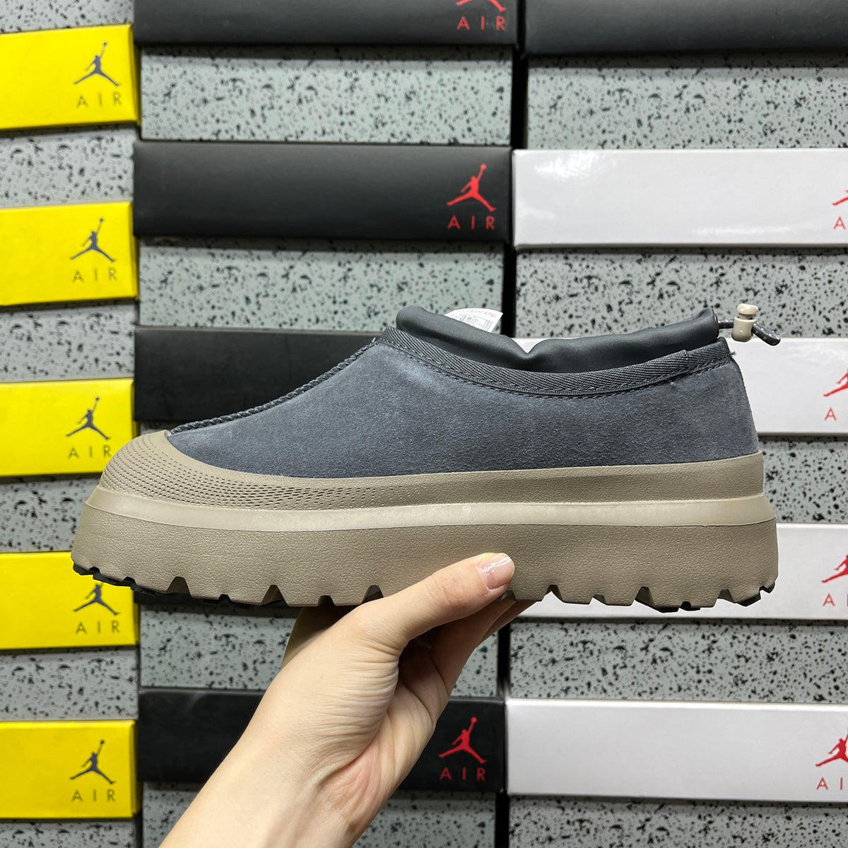 UGG Tasman Weather Hybrid – Slate Grey Suede Slip-On with Taupe SugarSole & Sheepskin Lining