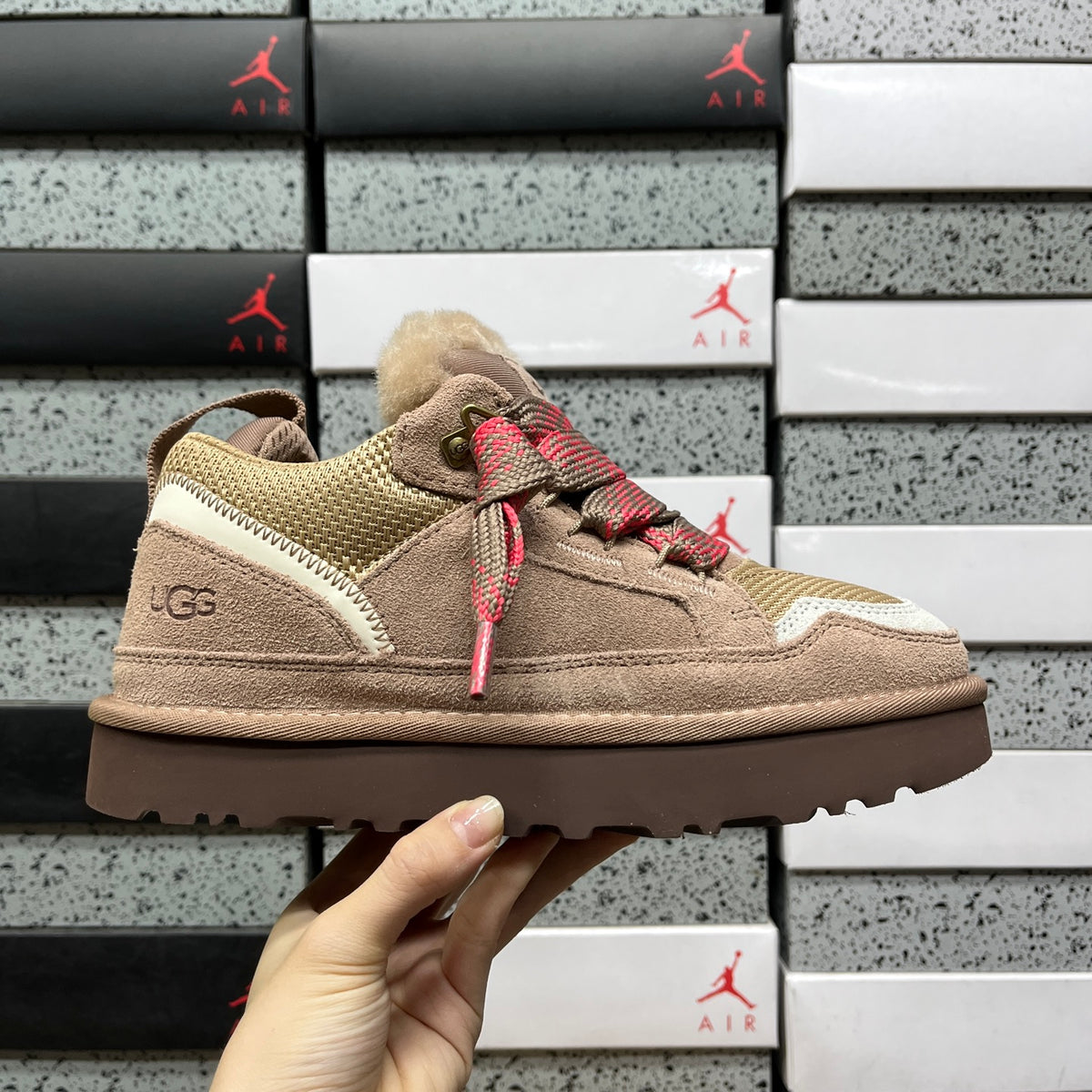 UGG Lowmel Sneaker – Camel Suede & Mesh with Red Braided Laces & Dark Chocolate SugarSole