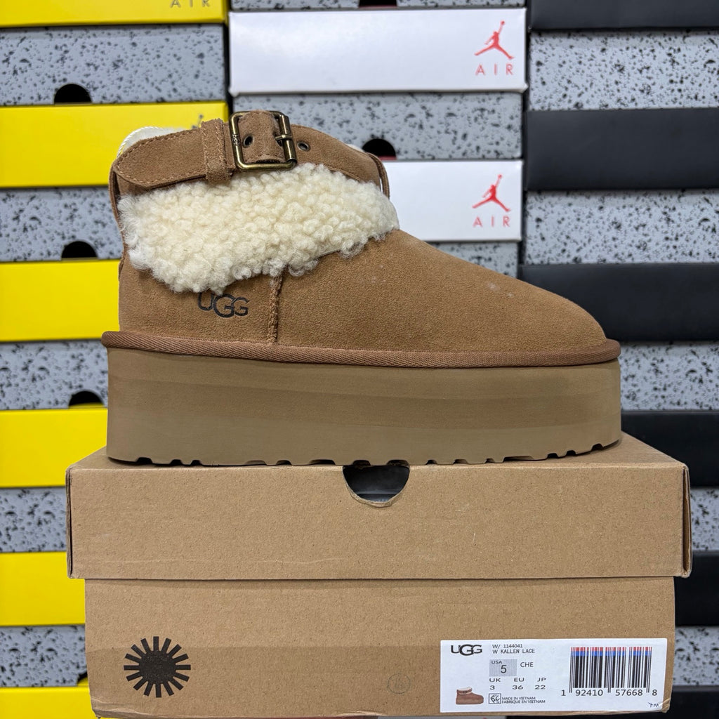 UGG Round-Toe Buckle Mid-Shaft Boot – Chestnut Suede with Sheepskin Lining