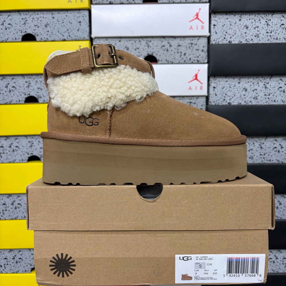 UGG Round-Toe Buckle Mid-Shaft Boot – Chestnut Suede with Sheepskin Lining