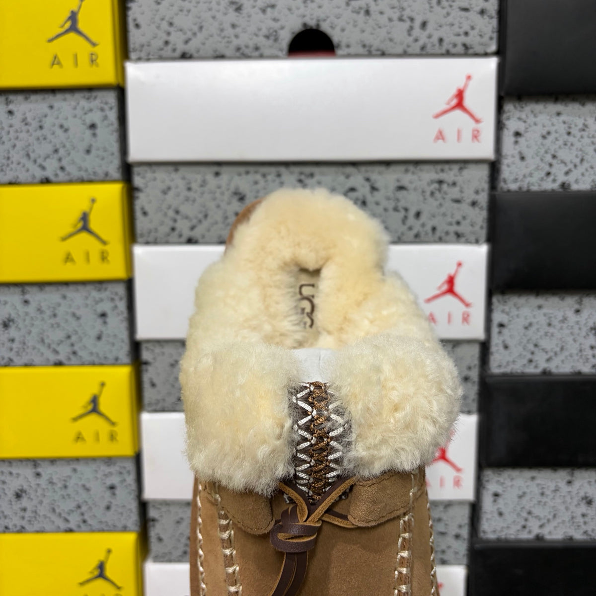 UGG Tazz Platform Slipper – Chestnut Suede Mule with Cream Shearling Cuff & Gold Moccasin Stitching