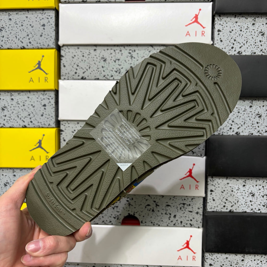 UGG × Palace Skateboards Tasman Slipper – Olive Suede with Embroidered Graphic Patches & Herringbone Braid Trim