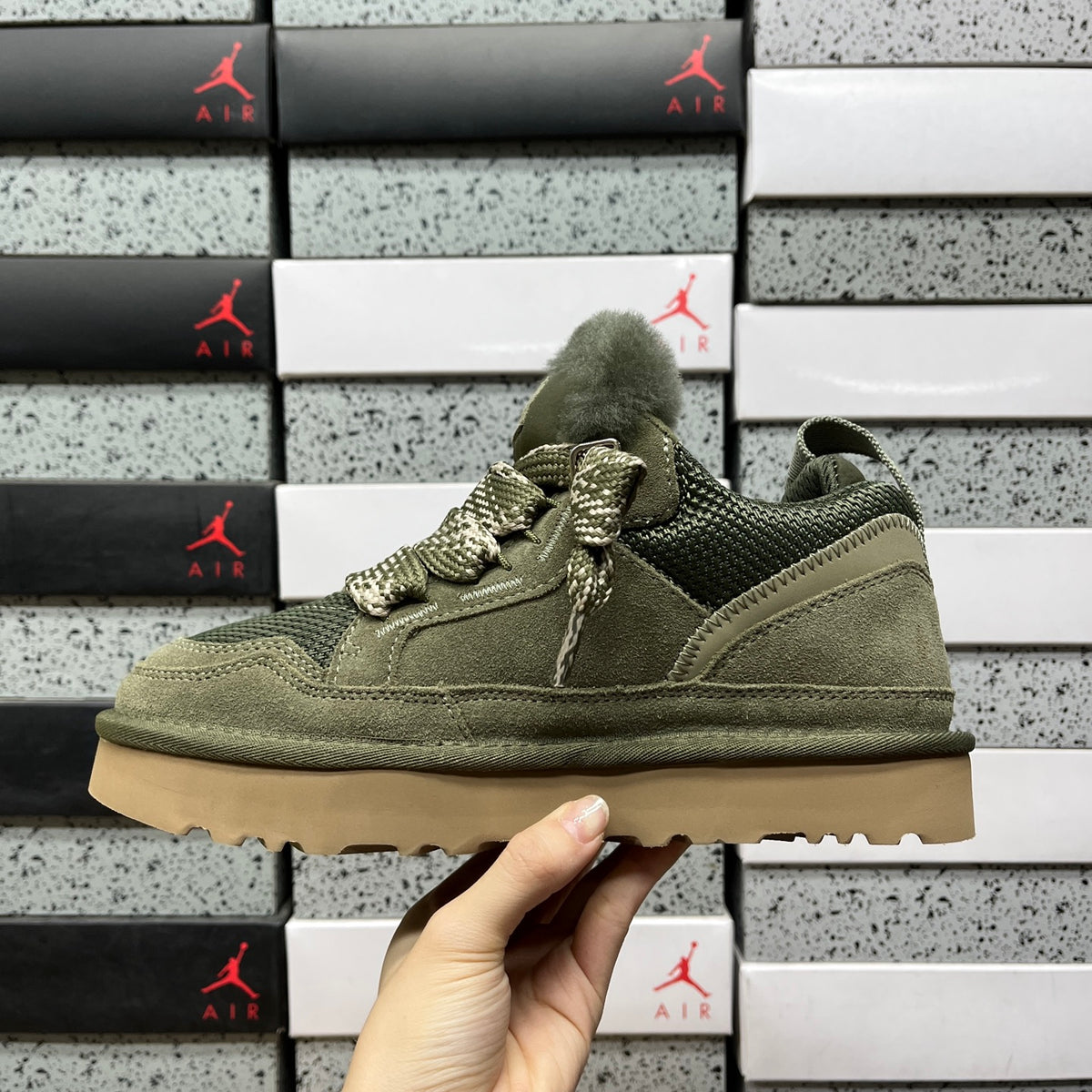 UGG Lowmel Sneaker – Moss Green Suede & Mesh with Pompom Laces & Gum SugarSole