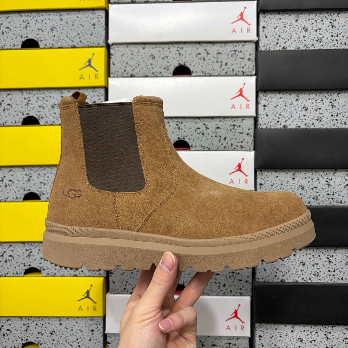 UGG Burleigh Chelsea Boot – Chestnut Suede Slip-On with Elastic Gussets, UGGplush Two-Tone Gum Outsole & Red UGG Heel Medallion