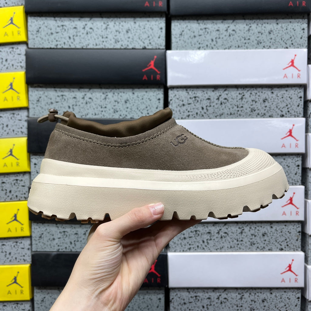 UGG Tasman Weather Hybrid – Olive Suede Slip-On with Cream SugarSole & Sheepskin Lining