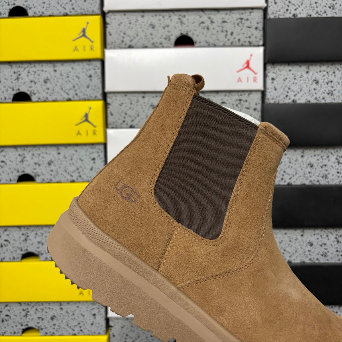 UGG Burleigh Chelsea Boot – Chestnut Suede Slip-On with Elastic Gussets, UGGplush Two-Tone Gum Outsole & Red UGG Heel Medallion