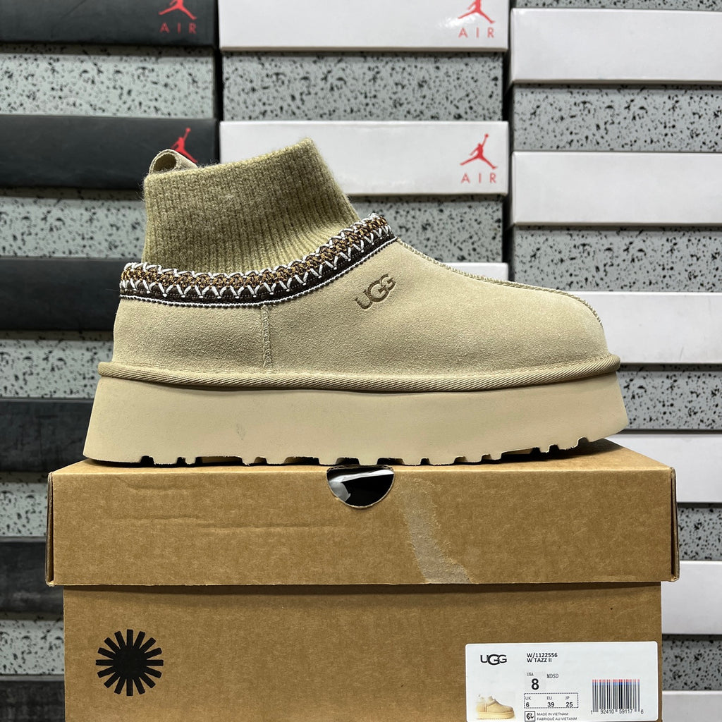 UGG Tazz II Slip-On Boot – Cream Knit Sock Upper with Woven Trim & Platform Sole