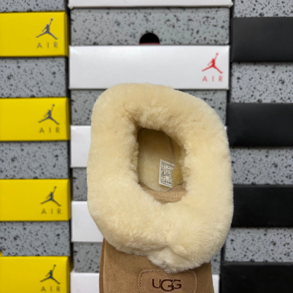 UGG Tazz Slipper – Chestnut Suede Tall Platform Mule with Voluminous Cream Sheepskin Roll Cuff