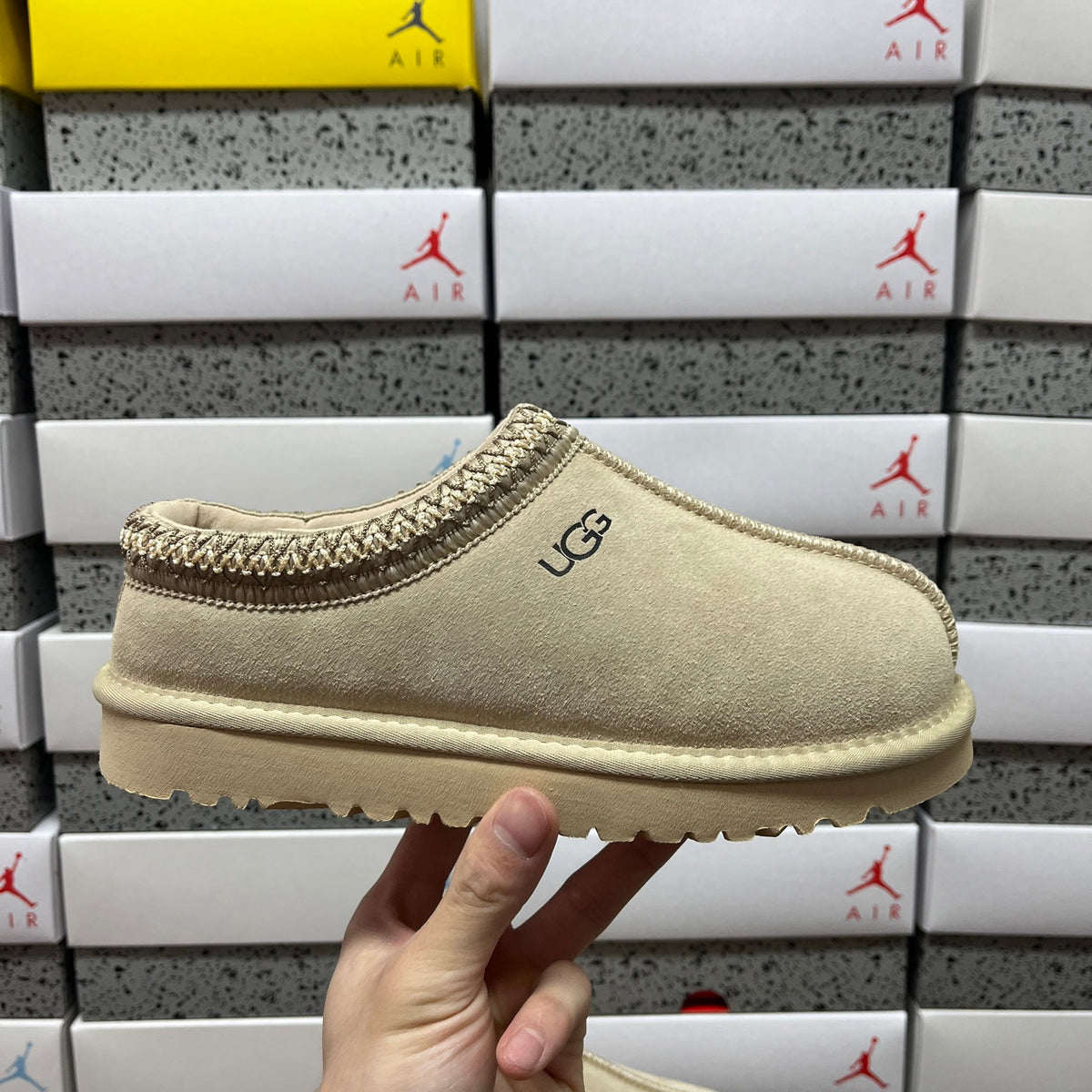 UGG Tazz Slipper – Sand Suede Open-Back Platform Mule with Gold Braid Trim & Cream Lug Sole