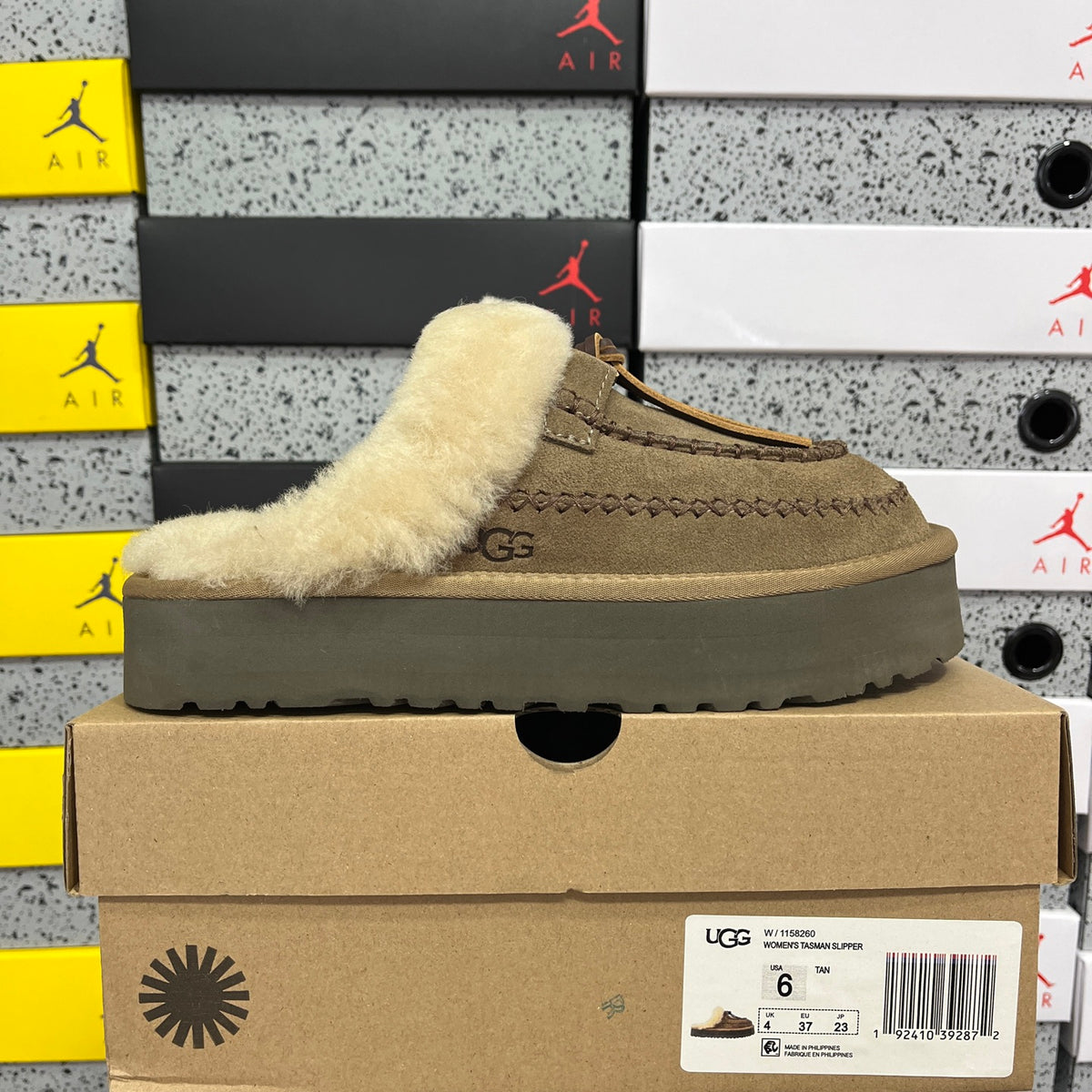 UGG Tazz Platform Slipper – Olive Suede Mule with Oversized Cream Shearling Cuff & Moccasin Stitching