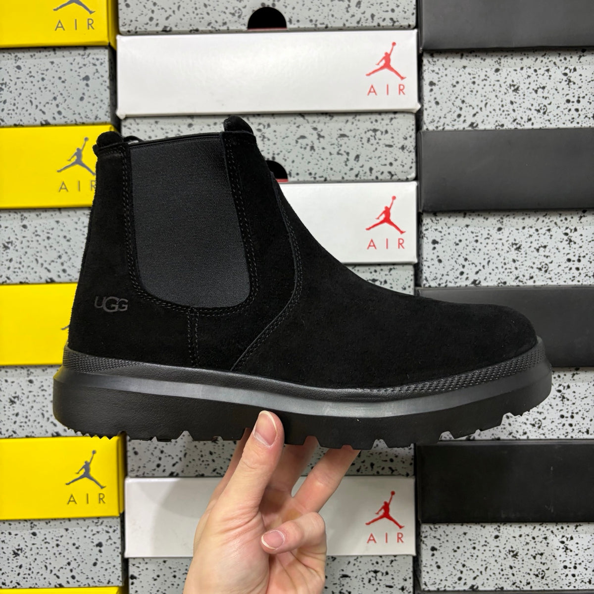 UGG Burleigh Chelsea Boot – All-Black Suede Slip-On with Elastic Gussets, UGGplush Outsole & Red UGG Heel Medallion