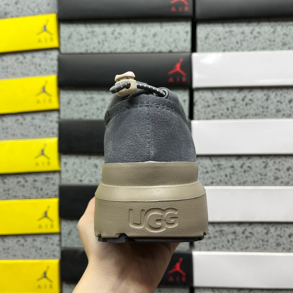 UGG Tasman Weather Hybrid – Slate Grey Suede Slip-On with Taupe SugarSole & Sheepskin Lining