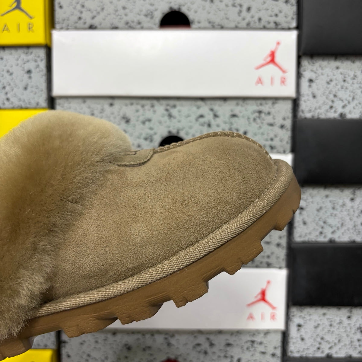 UGG Disquette Platform Slipper – Sand Suede Open-Toe Slide with Tonal Sand Sheepskin Drape & Chunky Gum Lug Sole