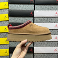 UGG Tazz Platform Slipper – Chestnut Suede with Red & Tan Woven Collar Trim