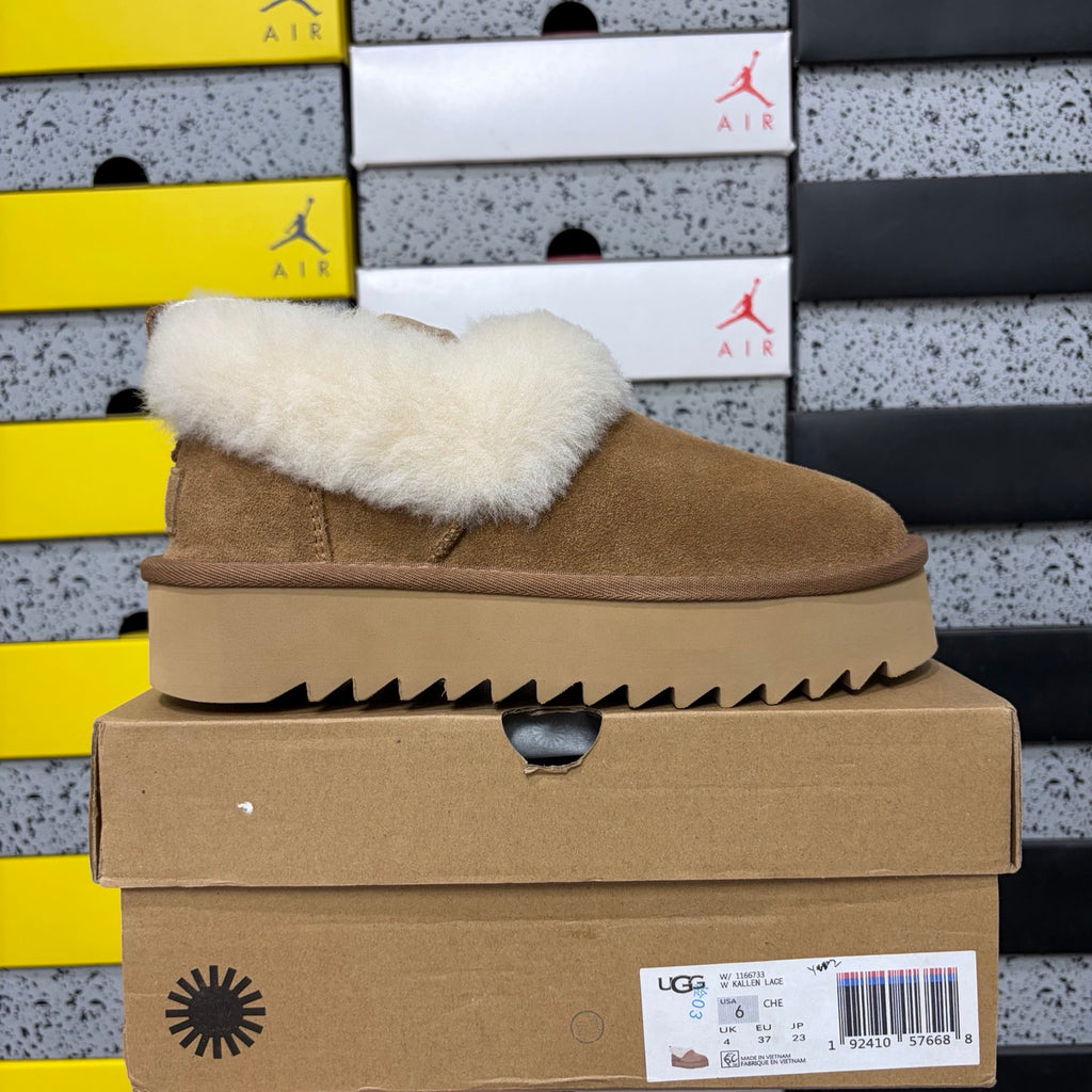 UGG Kallen Lace – Chestnut Suede Platform Bootie with Cream Sheepskin Cuff, Back Lace Detail & Warm Gum Sawtooth Sole